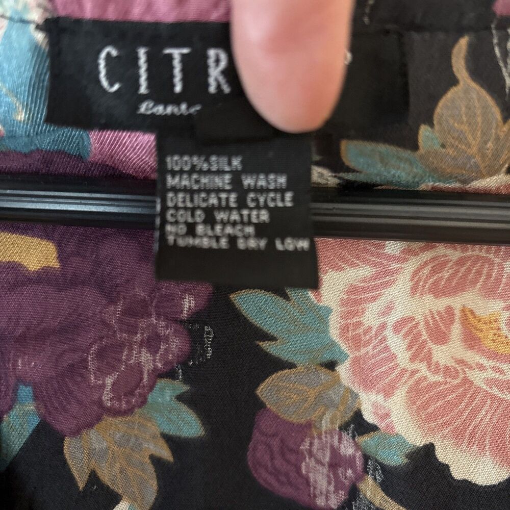 Citron Santa Monica Asian Print Silk Kimono Button Front Blouse Black Pink 1X - Picture 5 of 7